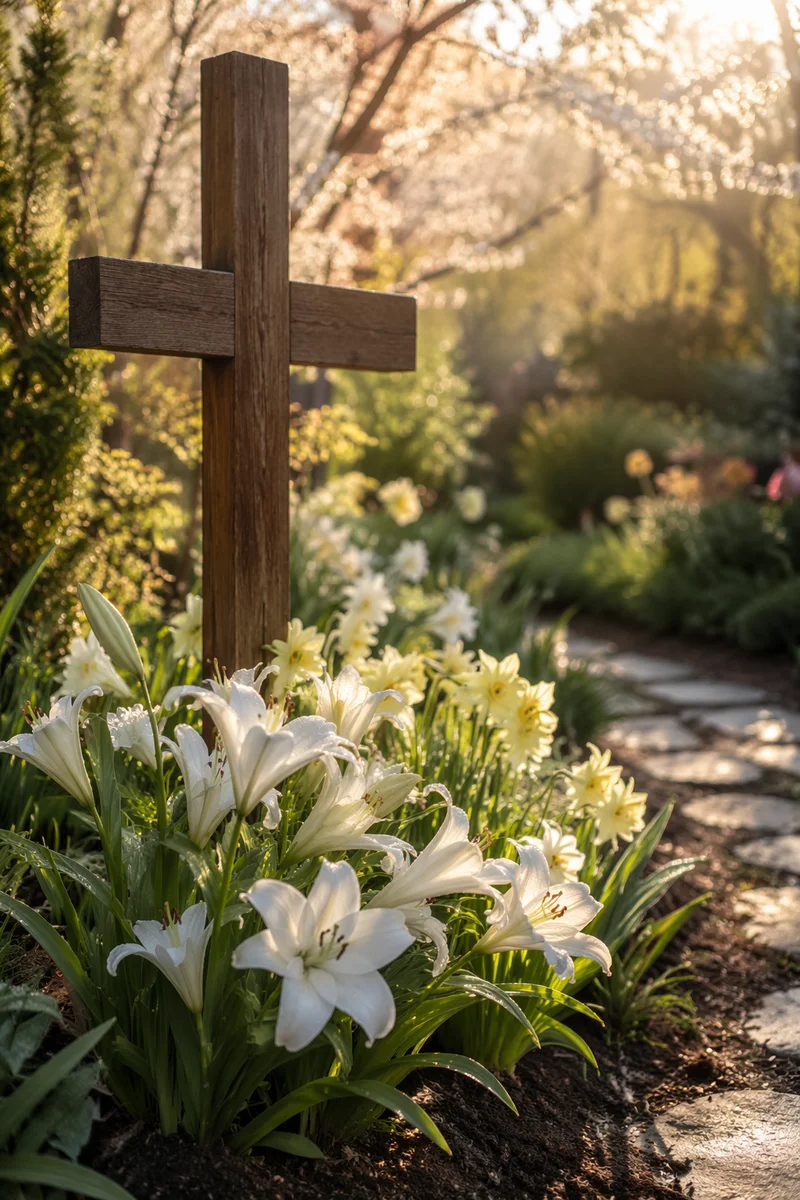 Easter Garden Cross with White Lilies