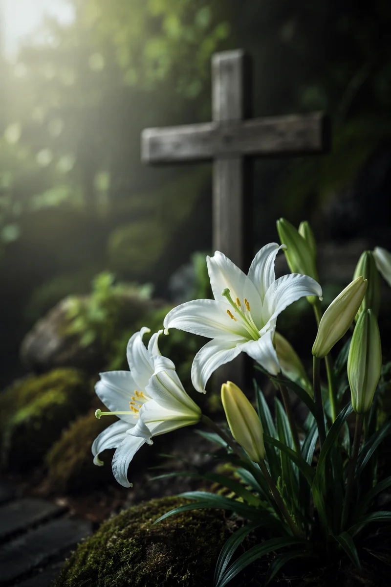 Easter Garden Lilies and Wooden Cross
