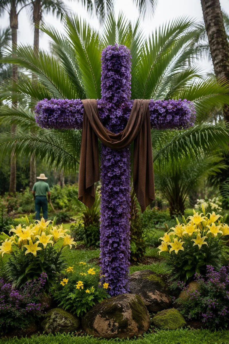 Easter Garden Cross with Lilies