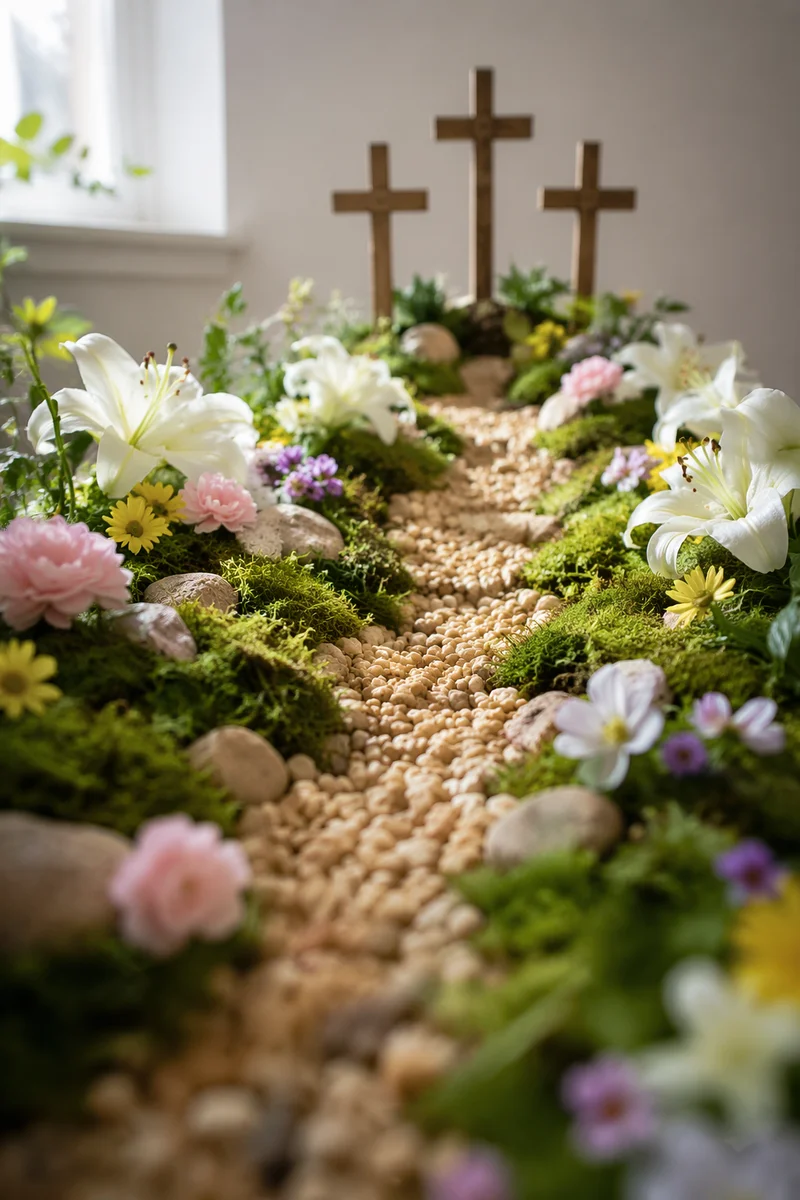 Easter Garden Path with Lilies and Crosses