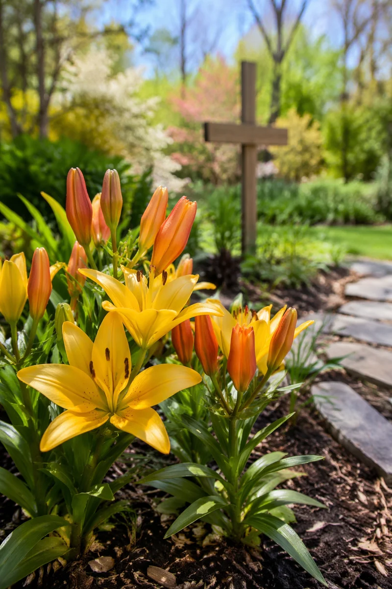 Easter Lilies Beside a Wooden Cross