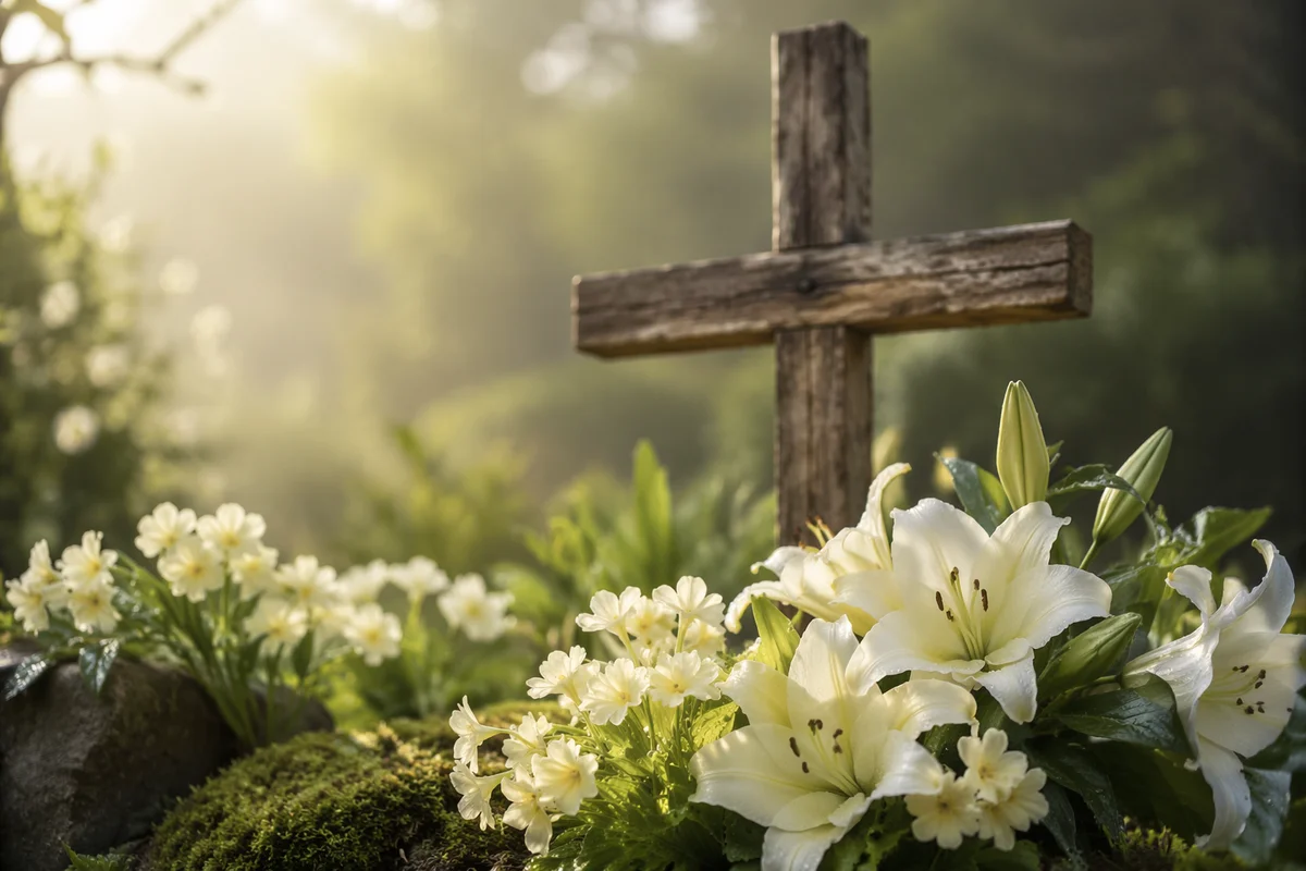 Peaceful Easter Garden Cross with White Lilies