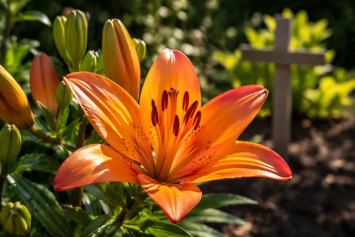 Orange Easter Lily with Garden Cross