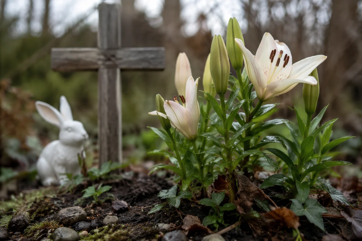 Easter Garden Lilies and Wooden Cross