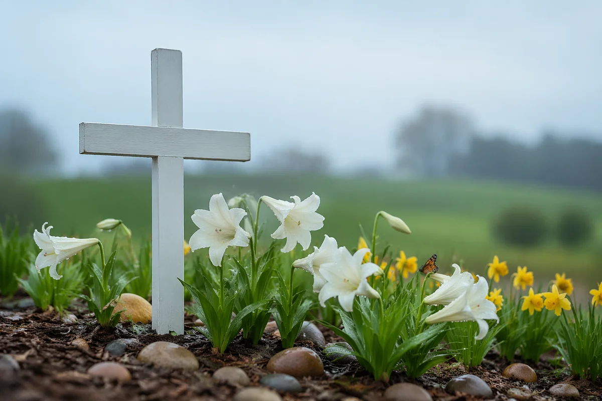White Cross Among Easter Lilies at Dawn