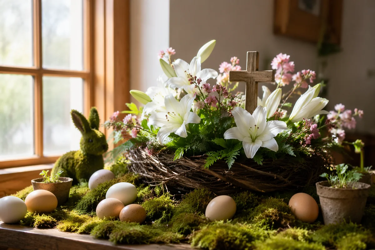 Easter Garden Lilies with Wooden Cross