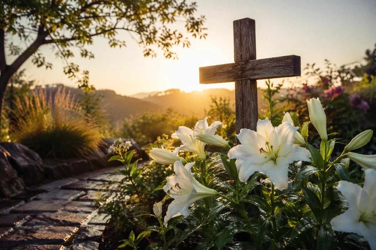 Easter Garden Cross with White Lilies