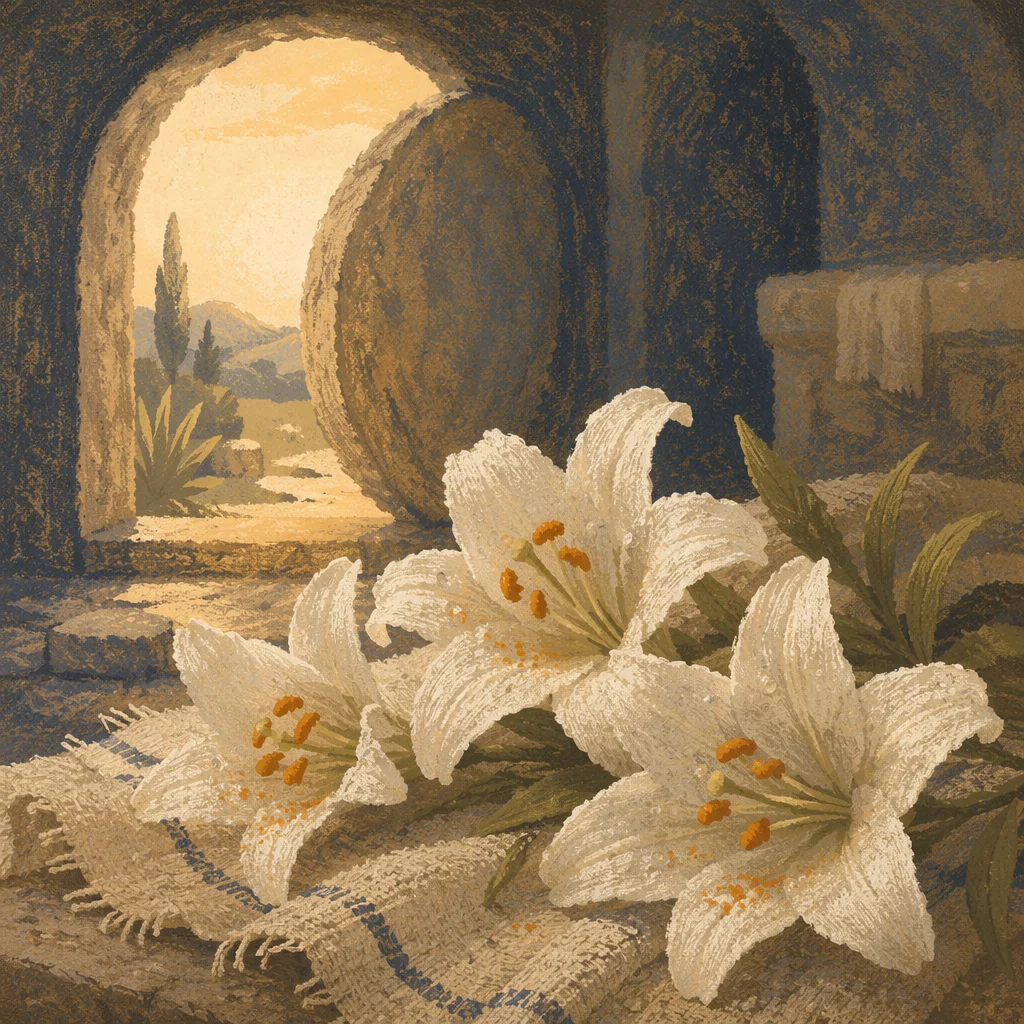 Easter Lilies Beside Empty Tomb at Sunrise