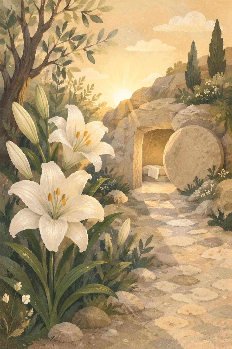 Easter Lilies Beside Empty Tomb at Sunrise