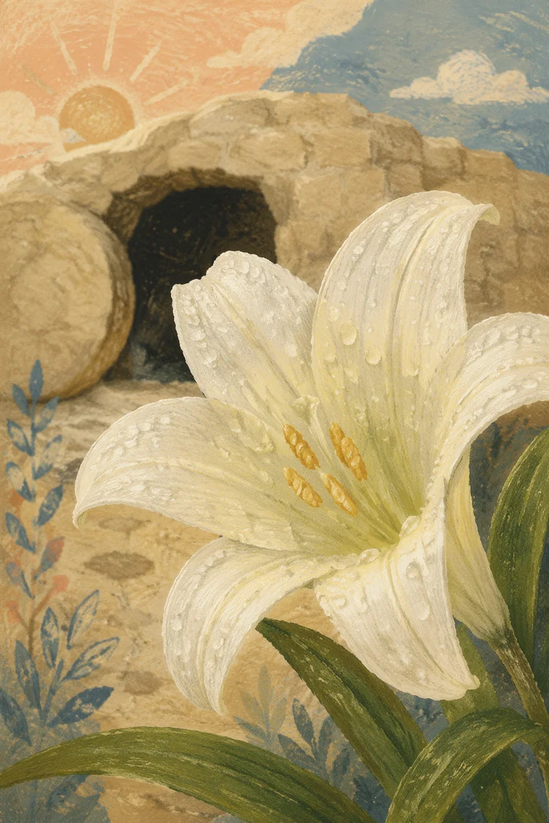 Dewy Easter Lily Beside Empty Tomb