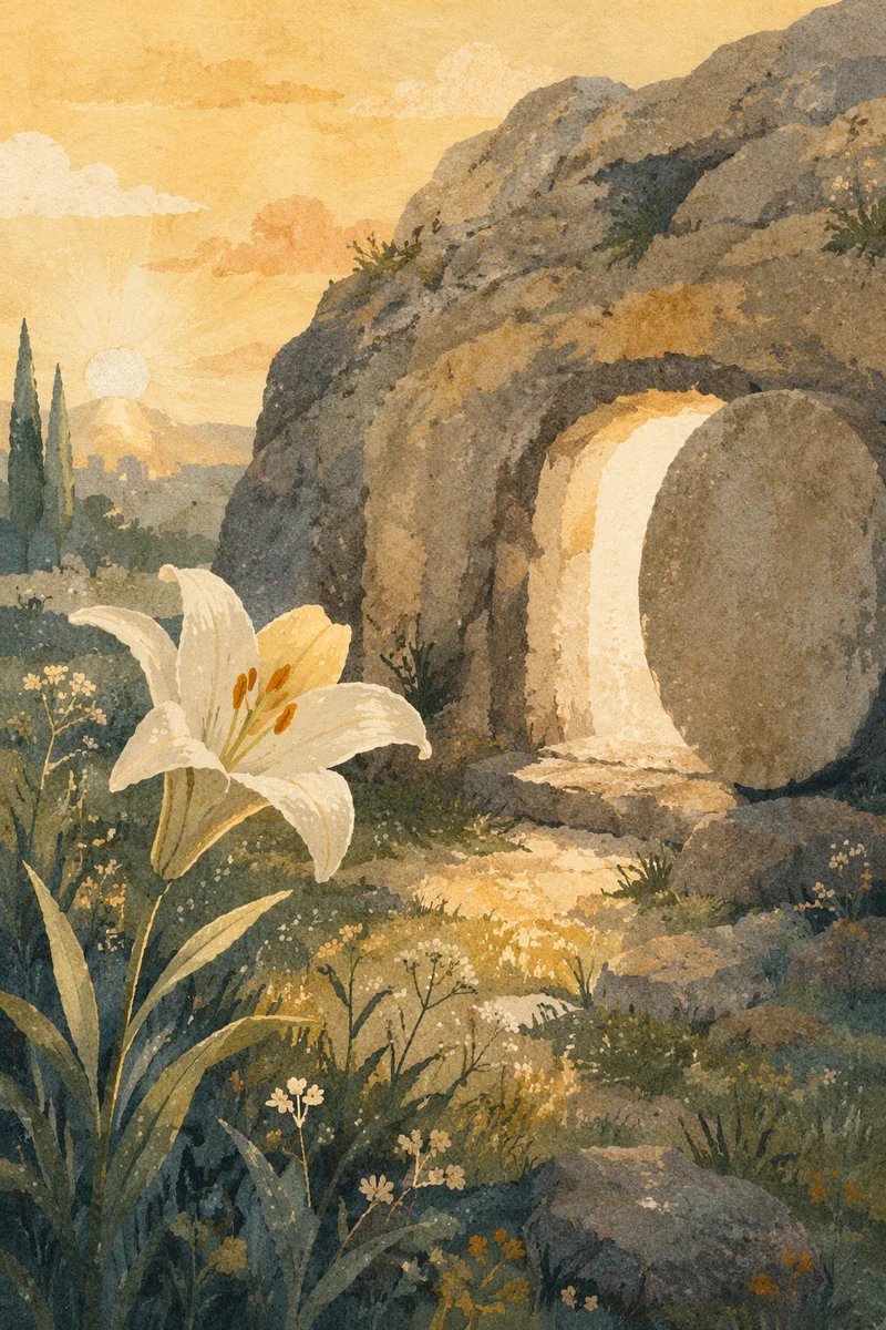 Easter Lily Beside Empty Tomb at Dawn