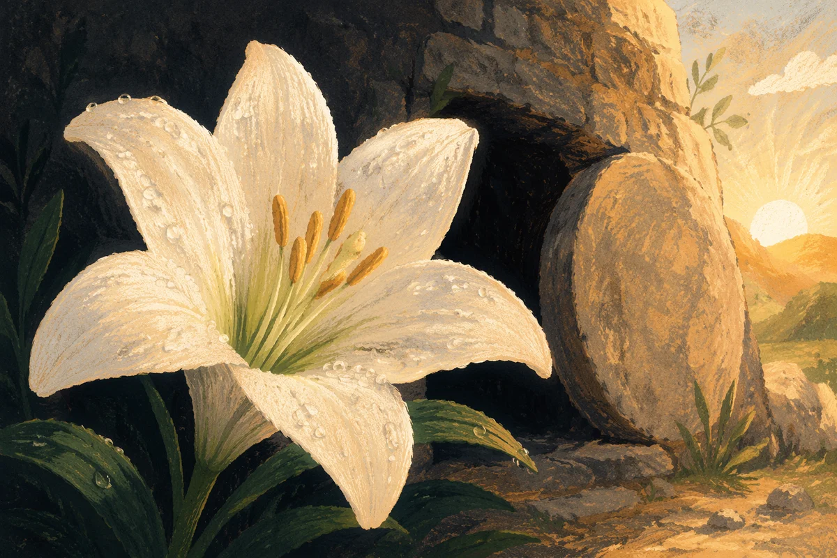 Easter Lily by Empty Tomb at Sunrise