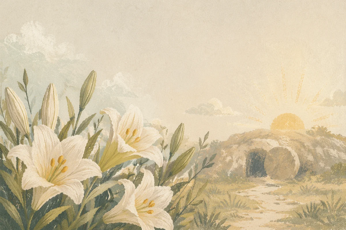 Easter Lilies Near Empty Tomb at Dawn