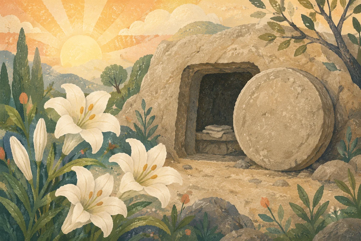 Easter Lilies Beside the Empty Tomb
