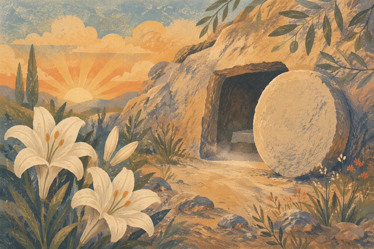 Easter Lilies Beside the Empty Garden Tomb