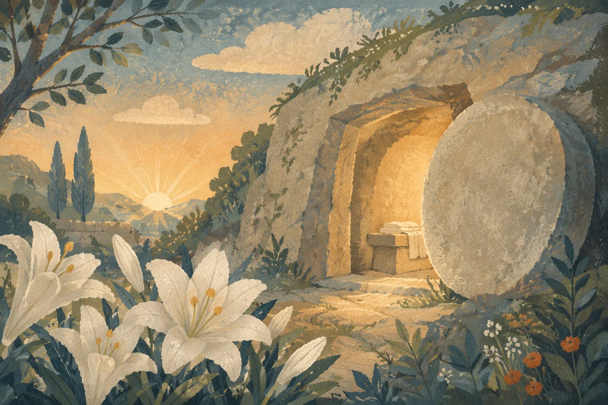 Easter Lilies Beside the Empty Tomb