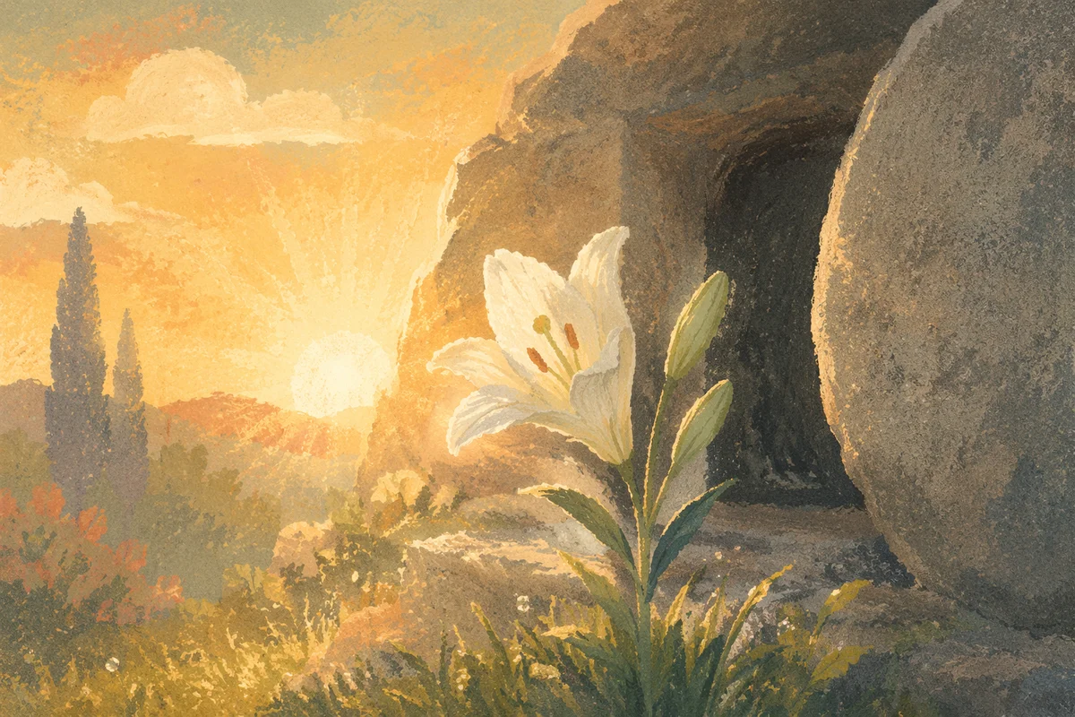 Easter Lily by Empty Tomb at Sunrise