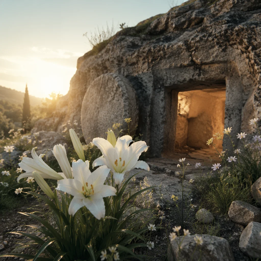 Easter Lilies Beside the Empty Tomb