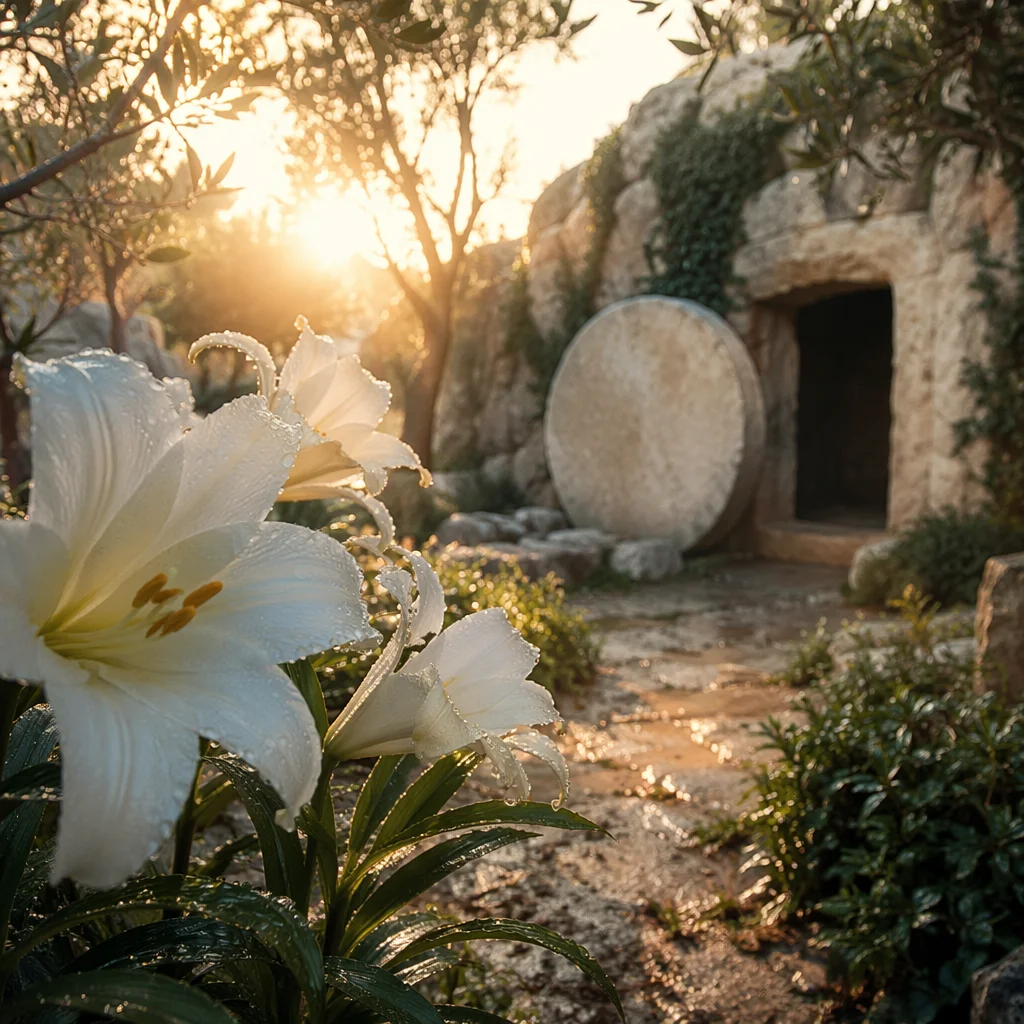 Easter Lilies Beside Empty Garden Tomb