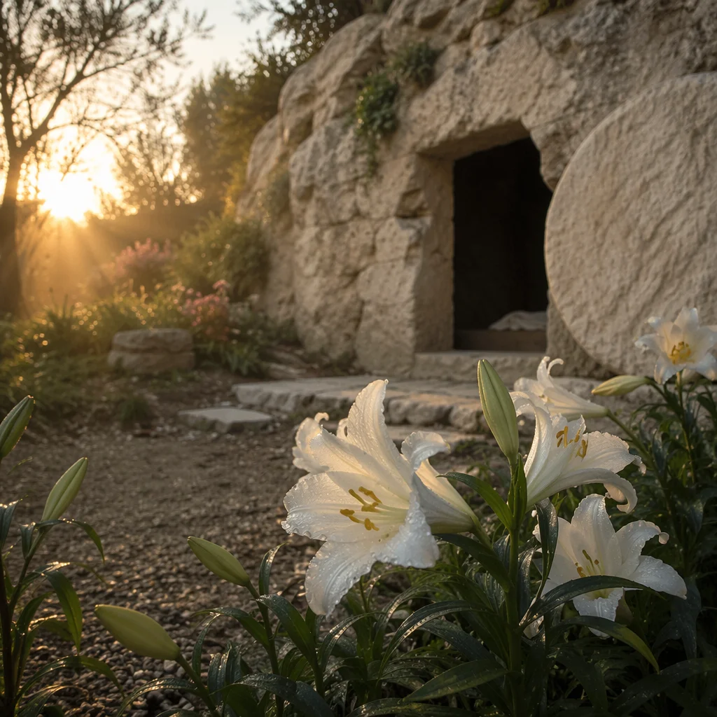 Easter Lilies Beside the Empty Garden Tomb