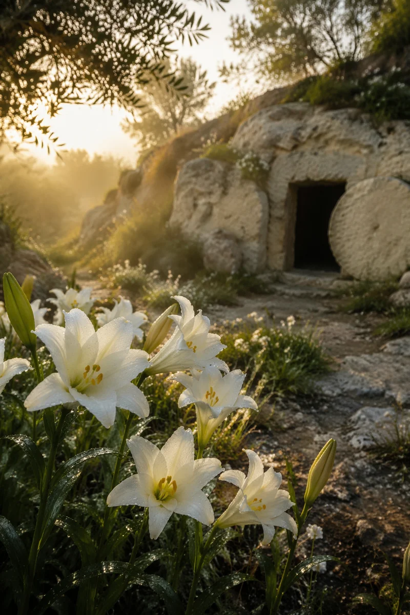 Easter Lilies Before the Empty Garden Tomb