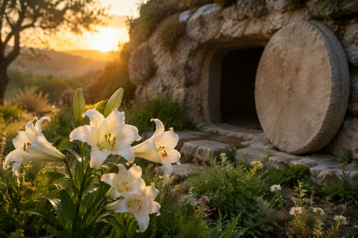 Easter Lilies Beside the Empty Garden Tomb