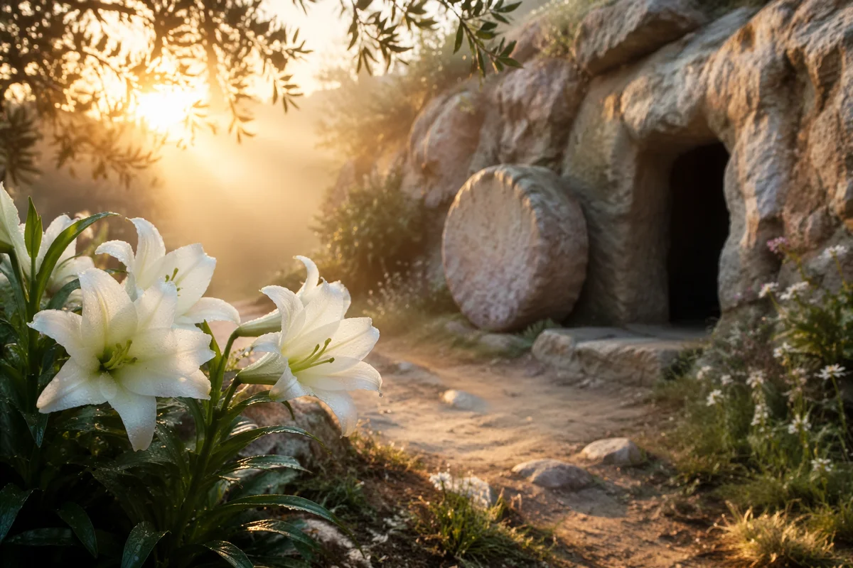 Easter Lilies Beside the Empty Tomb