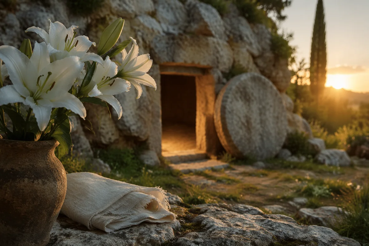 Easter Lilies Beside the Empty Garden Tomb