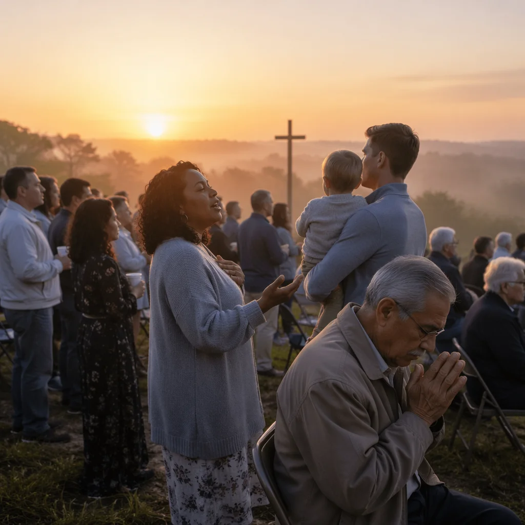 Congregation on Grassy Hill at Sunrise