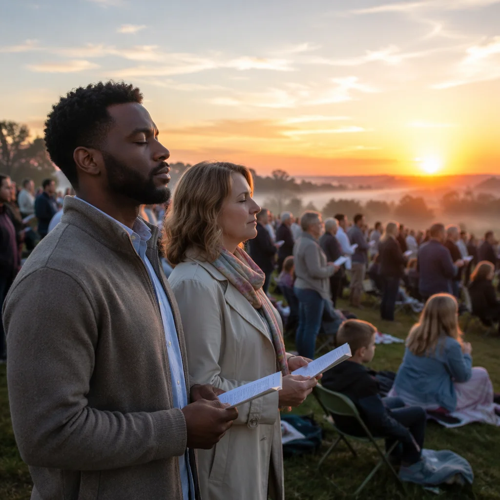 Outdoor Sunrise Congregation on Grassy Hillside