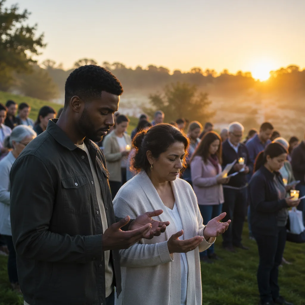 Outdoor Dawn Gathering on Grassy Hillside