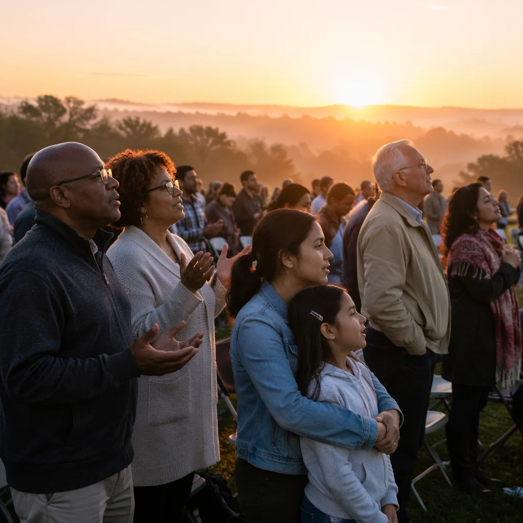 Outdoor Congregation at Sunrise on Hillside