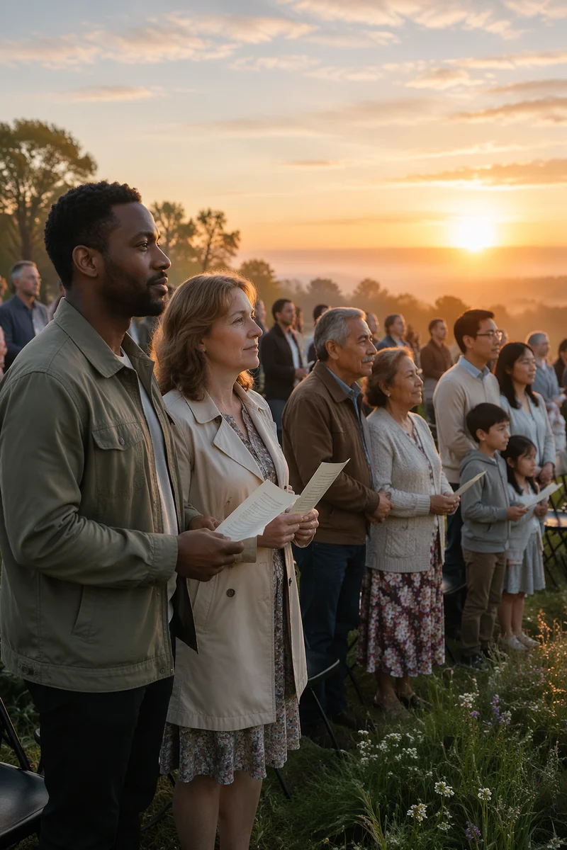 Outdoor Sunrise Congregation on Grassy Hillside
