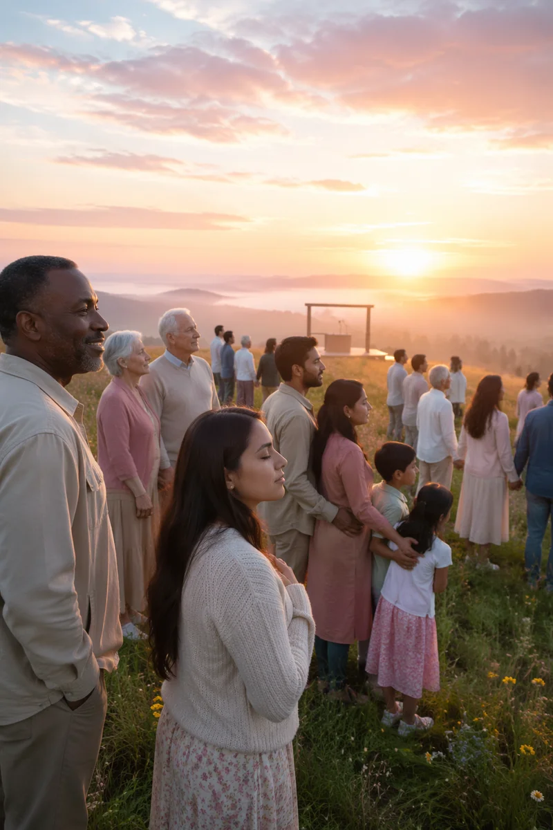 Outdoor Sunrise Congregation on Grassy Hillside
