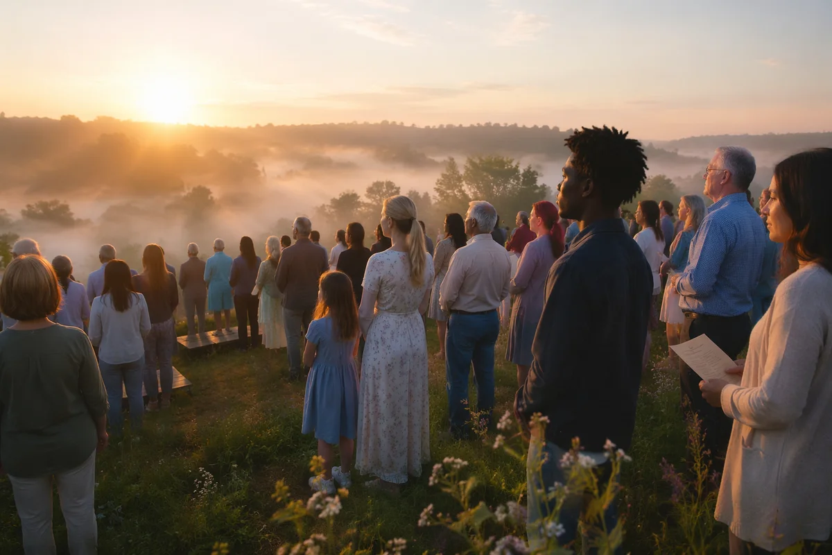 Outdoor Sunrise Gathering on Grassy Hillside