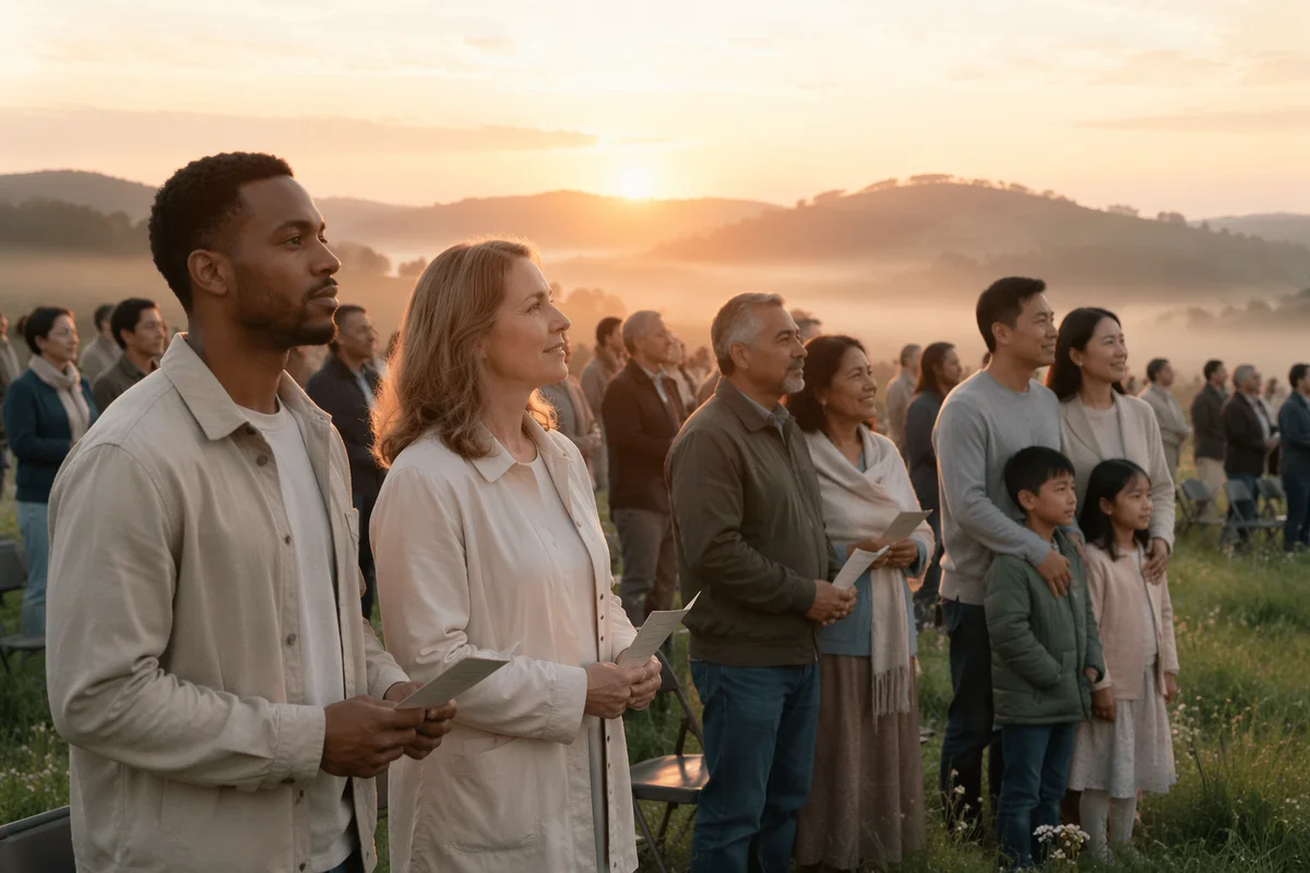 Outdoor Sunrise Congregation on Grassy Hill
