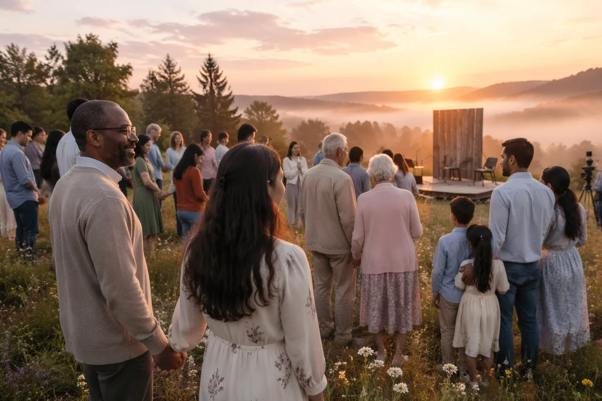 Outdoor Sunrise Gathering on Grassy Hillside