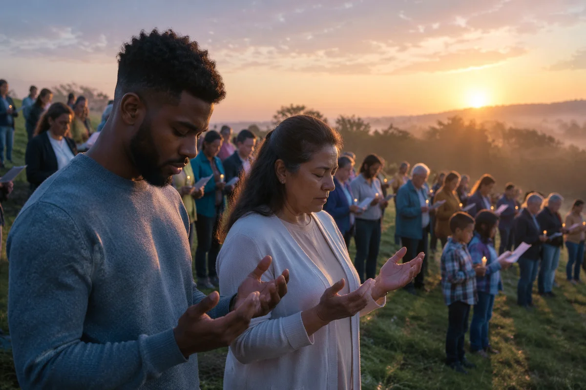 Outdoor Dawn Gathering on Grassy Hillside