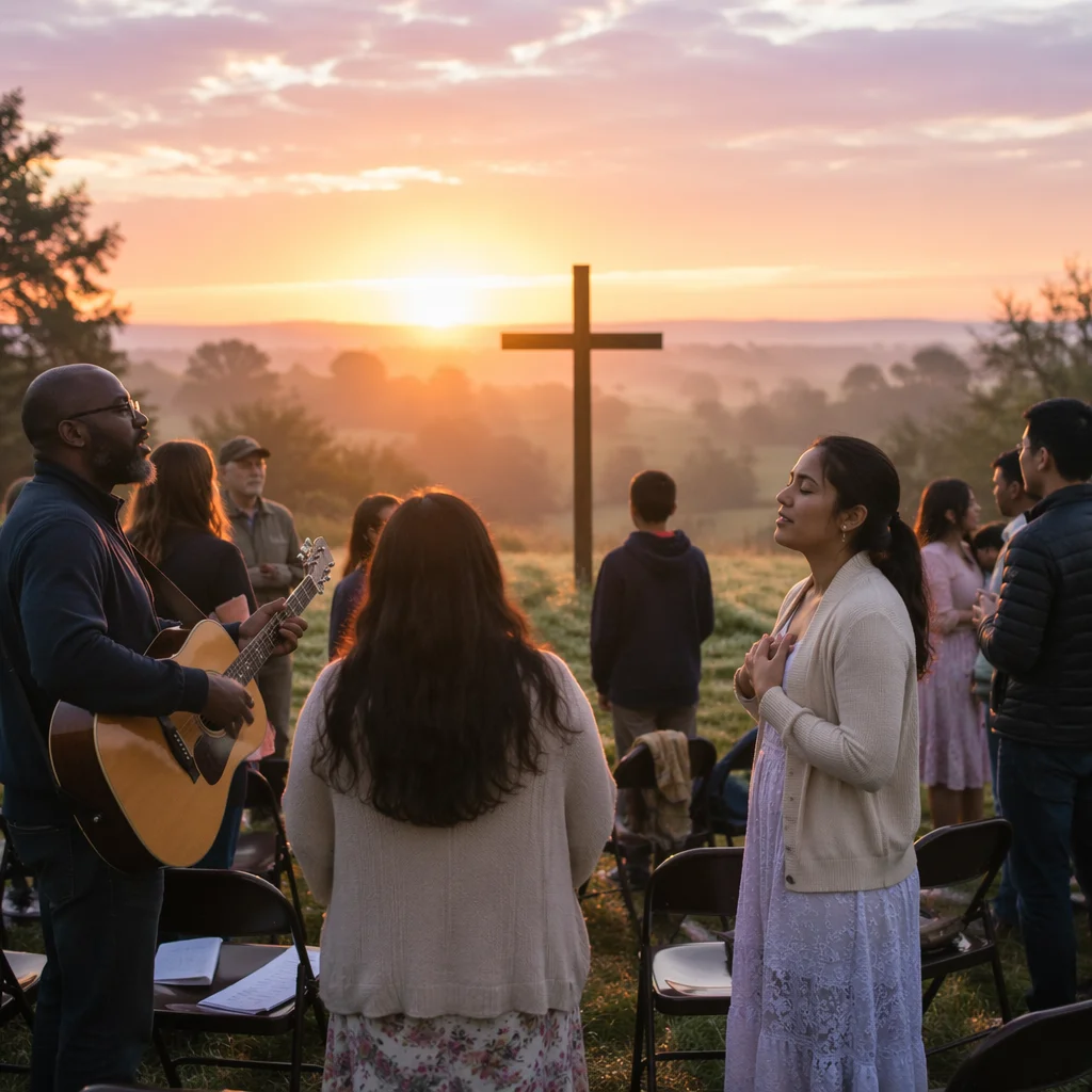 Outdoor Dawn Gathering with Wooden Cross