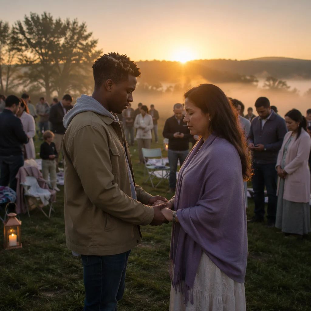 Peaceful Dawn Gathering on Grassy Hillside