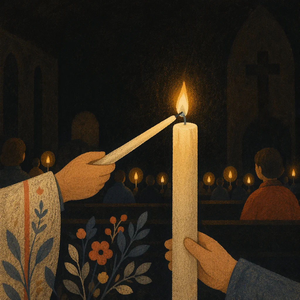 Easter Vigil Candle Flame in Dark Church