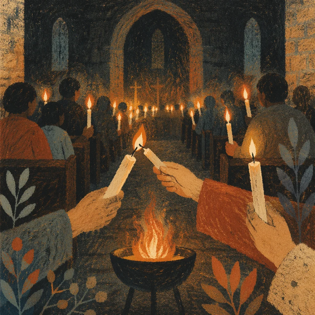 Easter Vigil Candle Lighting in Dark Church