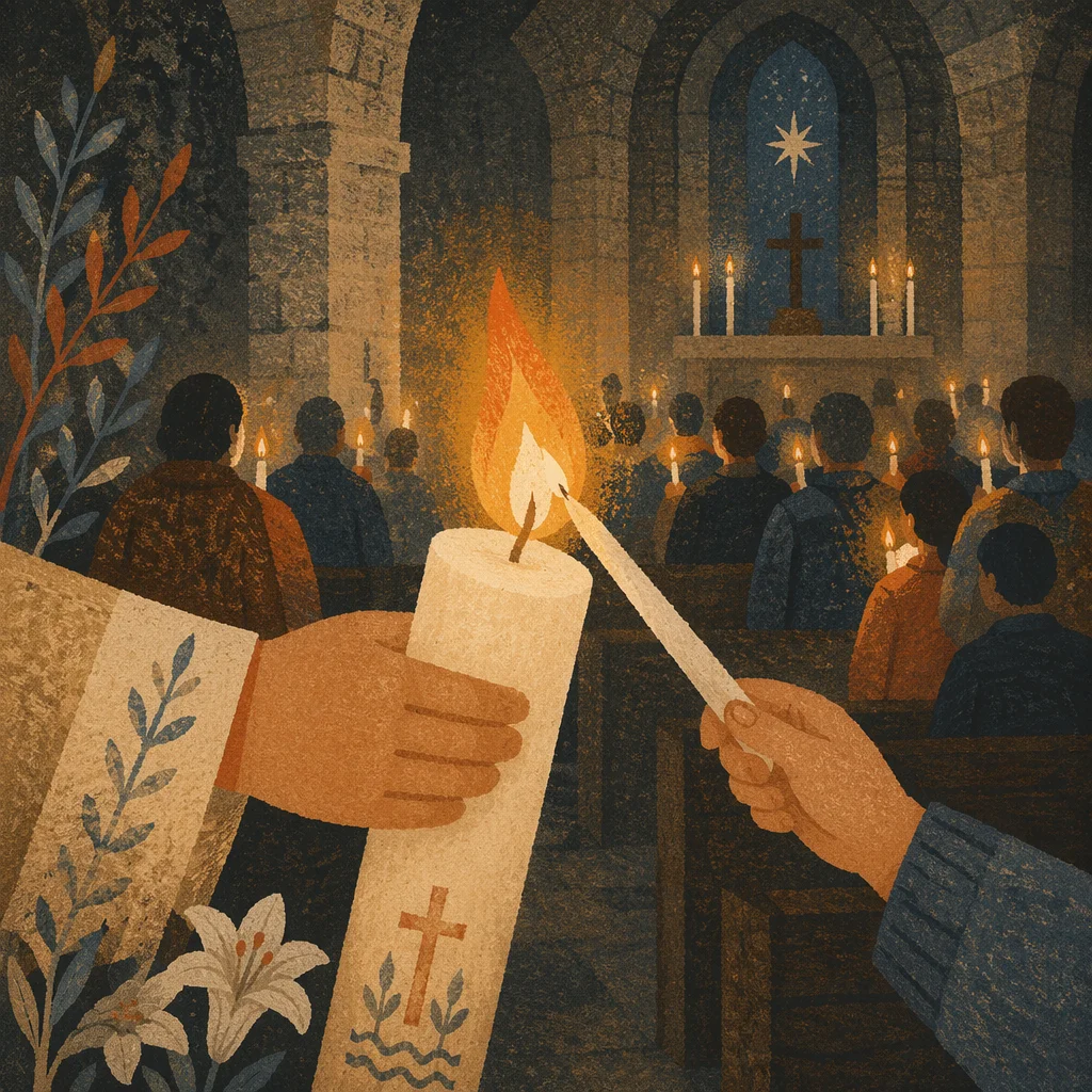 Easter Vigil Candle Lighting in Dark Church