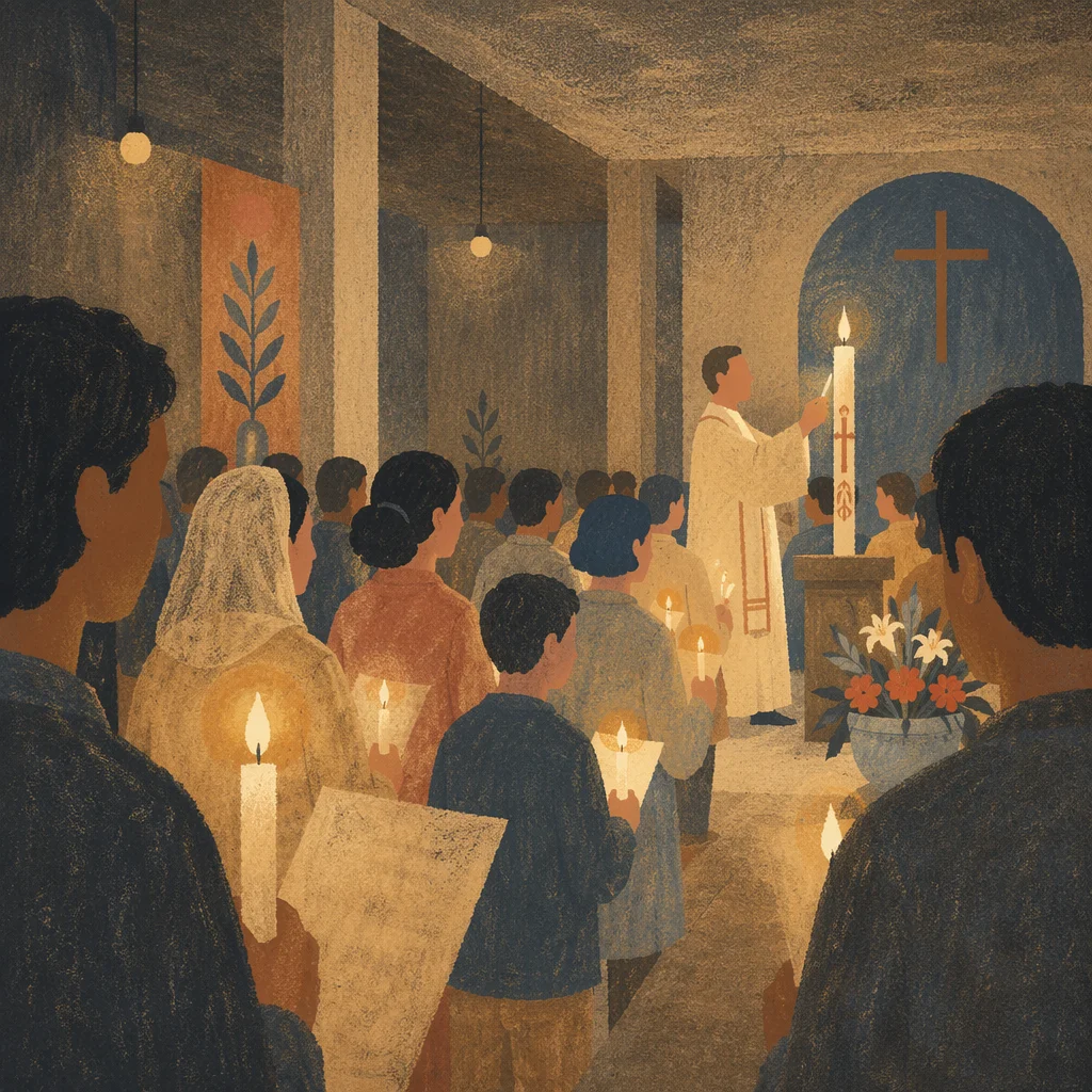 Easter Vigil Candlelight in a Dim Church