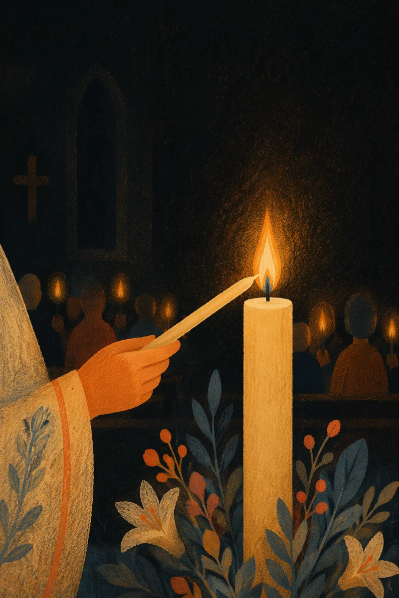 Easter Vigil Candlelight in Dark Church