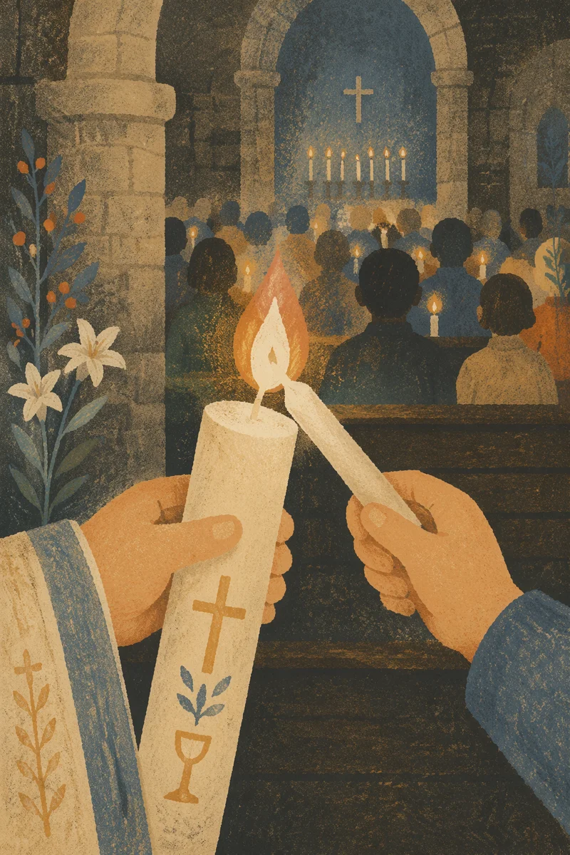 Easter Vigil Candle Lighting in Dark Church