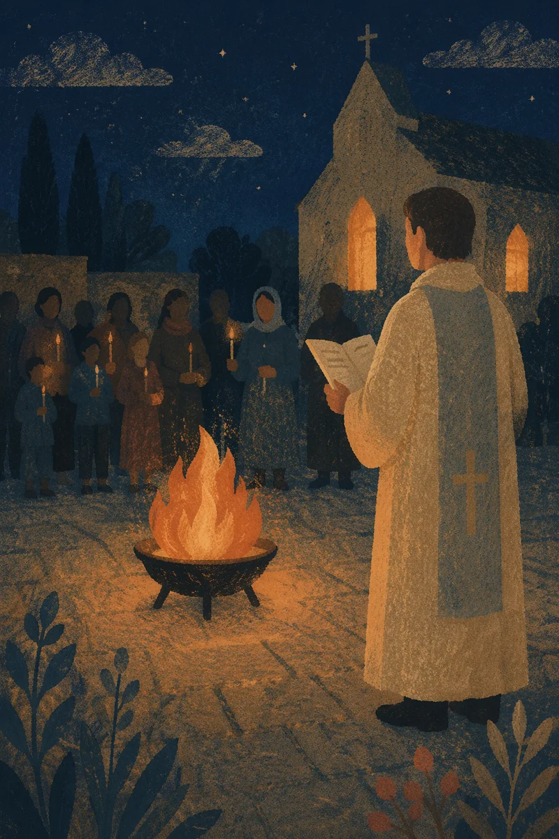 Easter Vigil Fire Outside Dark Church