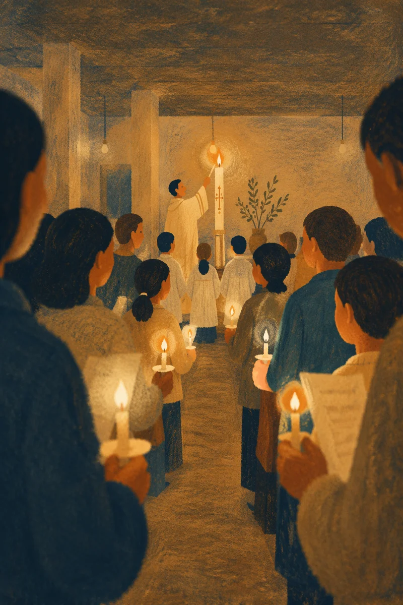 Easter Vigil Candlelight in Dark Church