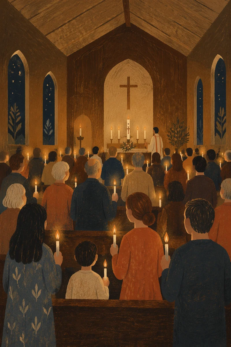 Easter Vigil Candlelight in Dark Church