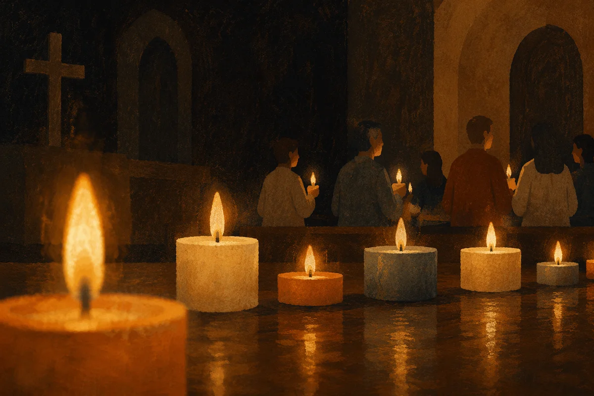 Easter Vigil Candlelight in Dark Church